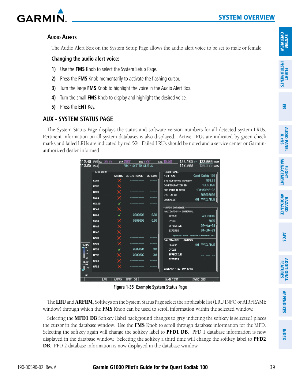 System overview, Aux - system status page | Garmin G1000 Quest Kodiak User Manual | Page 51 / 500