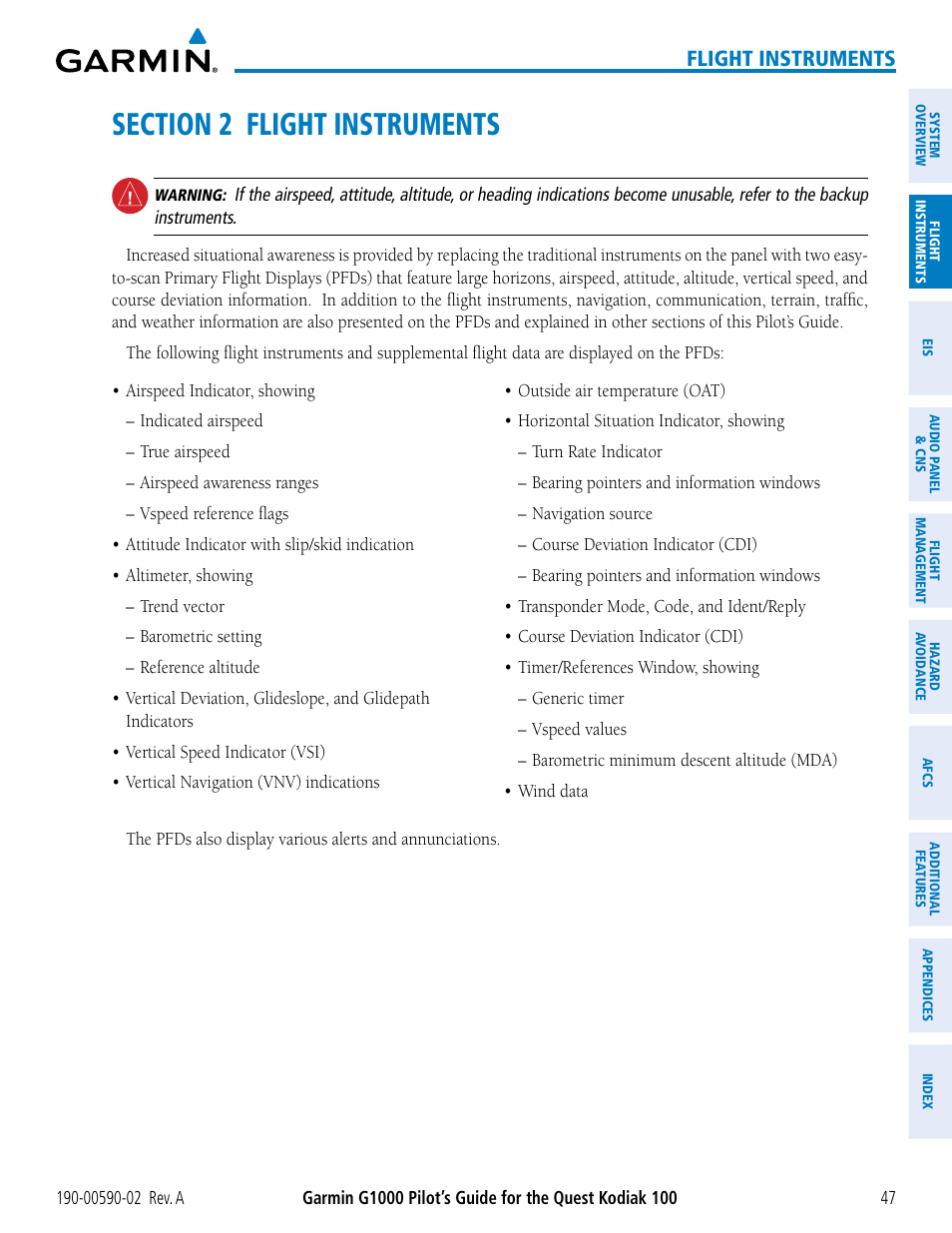 Section 2 flight instruments, Flight instruments | Garmin G1000 Quest Kodiak User Manual | Page 59 / 500