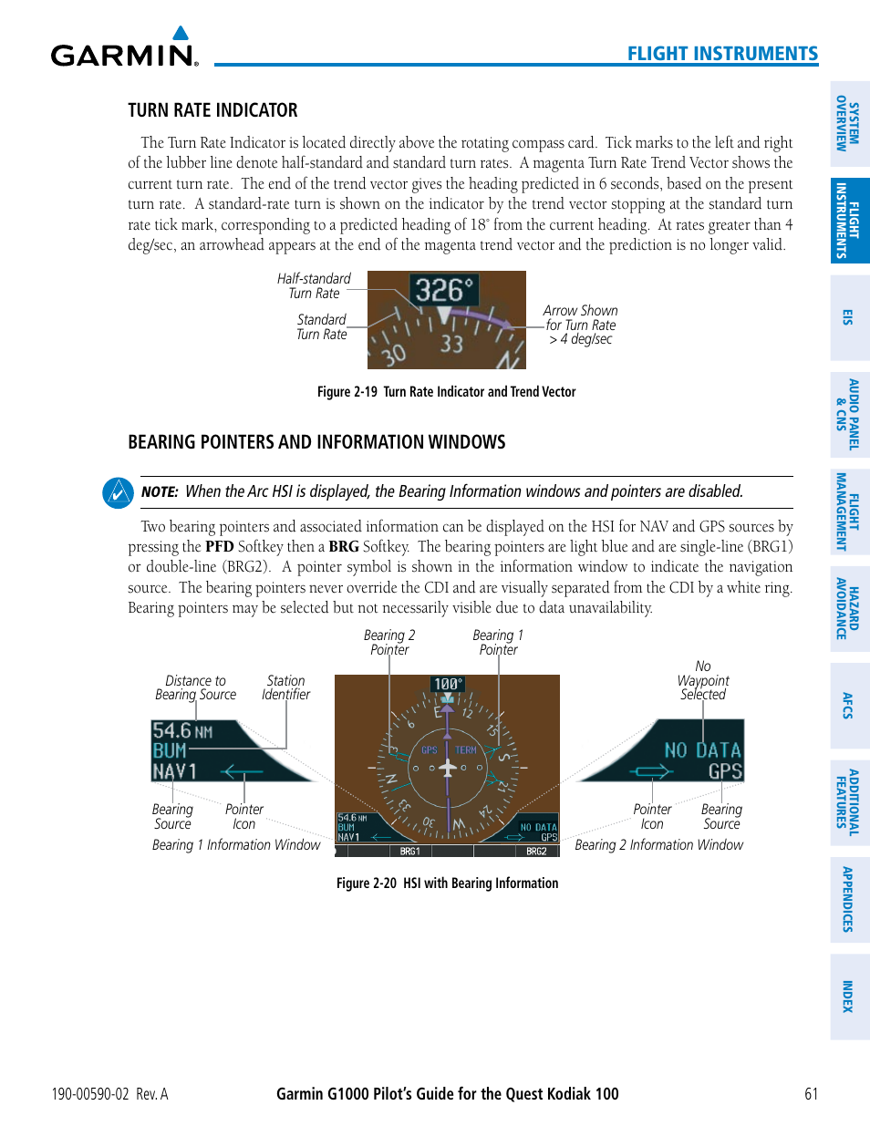 Flight instruments, Turn rate indicator, Bearing pointers and information windows | Garmin G1000 Quest Kodiak User Manual | Page 73 / 500