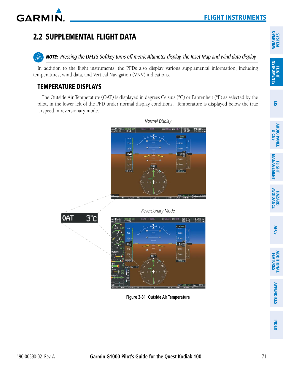 2 supplemental flight data, Temperature displays, Flight instruments | Garmin G1000 Quest Kodiak User Manual | Page 83 / 500