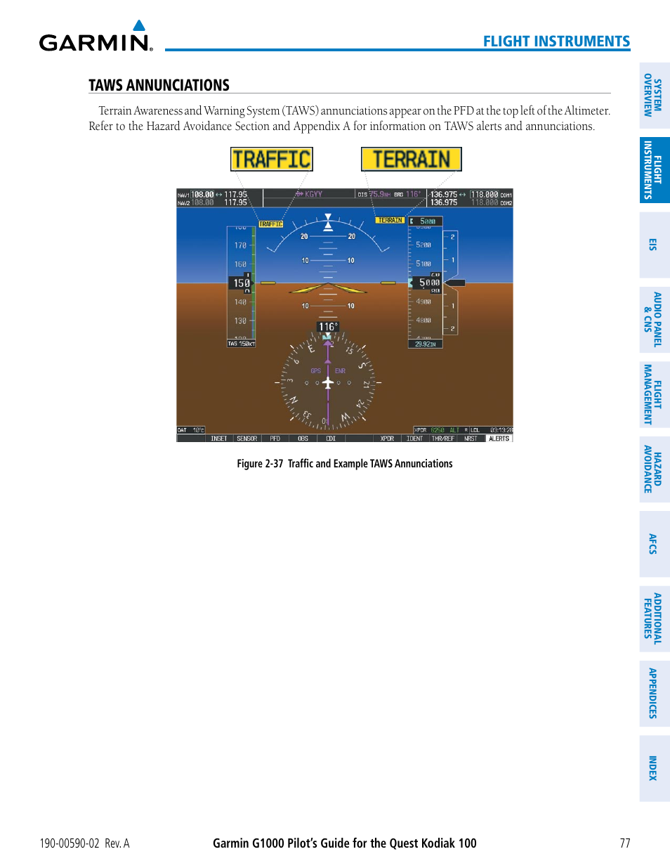 Taws annunciations, Flight instruments | Garmin G1000 Quest Kodiak User Manual | Page 89 / 500