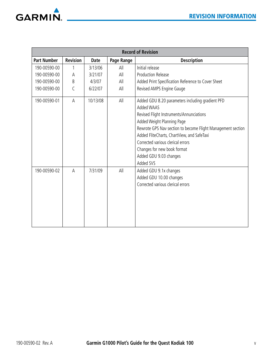 Revision information | Garmin G1000 Quest Kodiak User Manual | Page 9 / 500