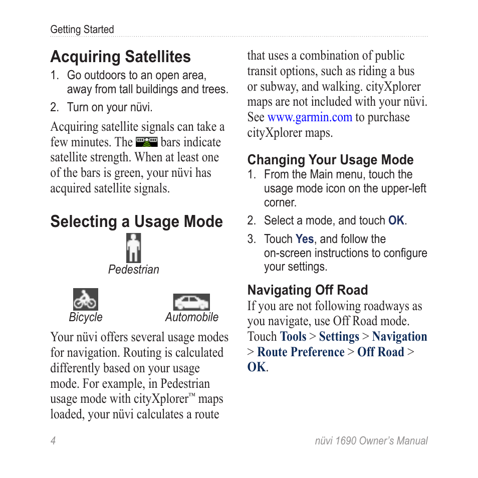 Acquiring satellites, Selecting a usage mode | Garmin nuLink! 1690 User Manual | Page 10 / 76