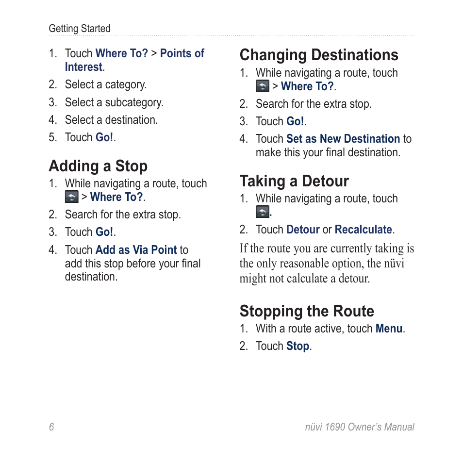 Adding a stop, Changing destinations, Taking a detour | Stopping the route | Garmin nuLink! 1690 User Manual | Page 12 / 76