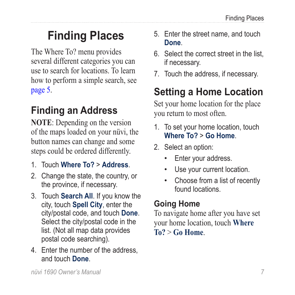 Finding places, Finding an address, Setting a home location | Garmin nuLink! 1690 User Manual | Page 13 / 76