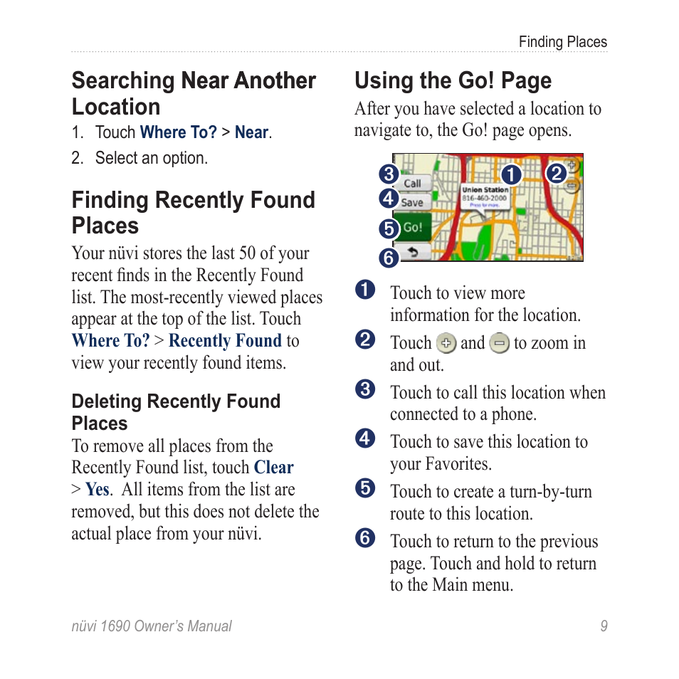 Searching near another location, Finding recently found places, Searching near another | Location, Finding recently found, Places, Searching near another near another location, Using the go! page | Garmin nuLink! 1690 User Manual | Page 15 / 76