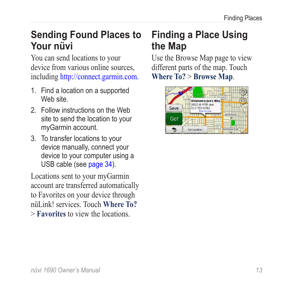Sending found places to your nüvi, Finding a place using the map, Sending found places to your | Nüvi, Finding a place using, The map | Garmin nuLink! 1690 User Manual | Page 19 / 76
