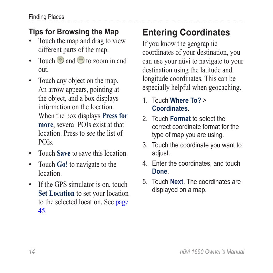 Entering coordinates | Garmin nuLink! 1690 User Manual | Page 20 / 76