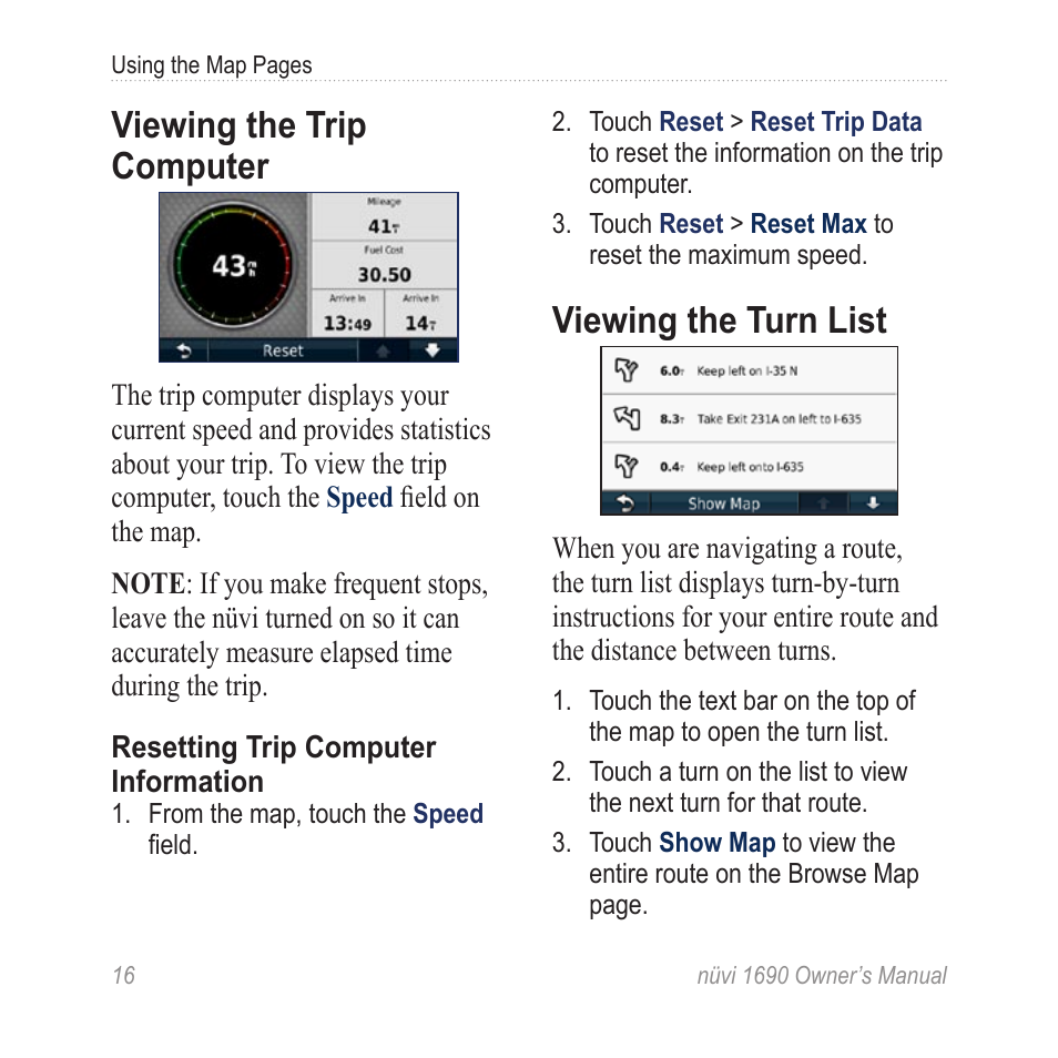 Viewing the trip computer, Viewing the turn list | Garmin nuLink! 1690 User Manual | Page 22 / 76