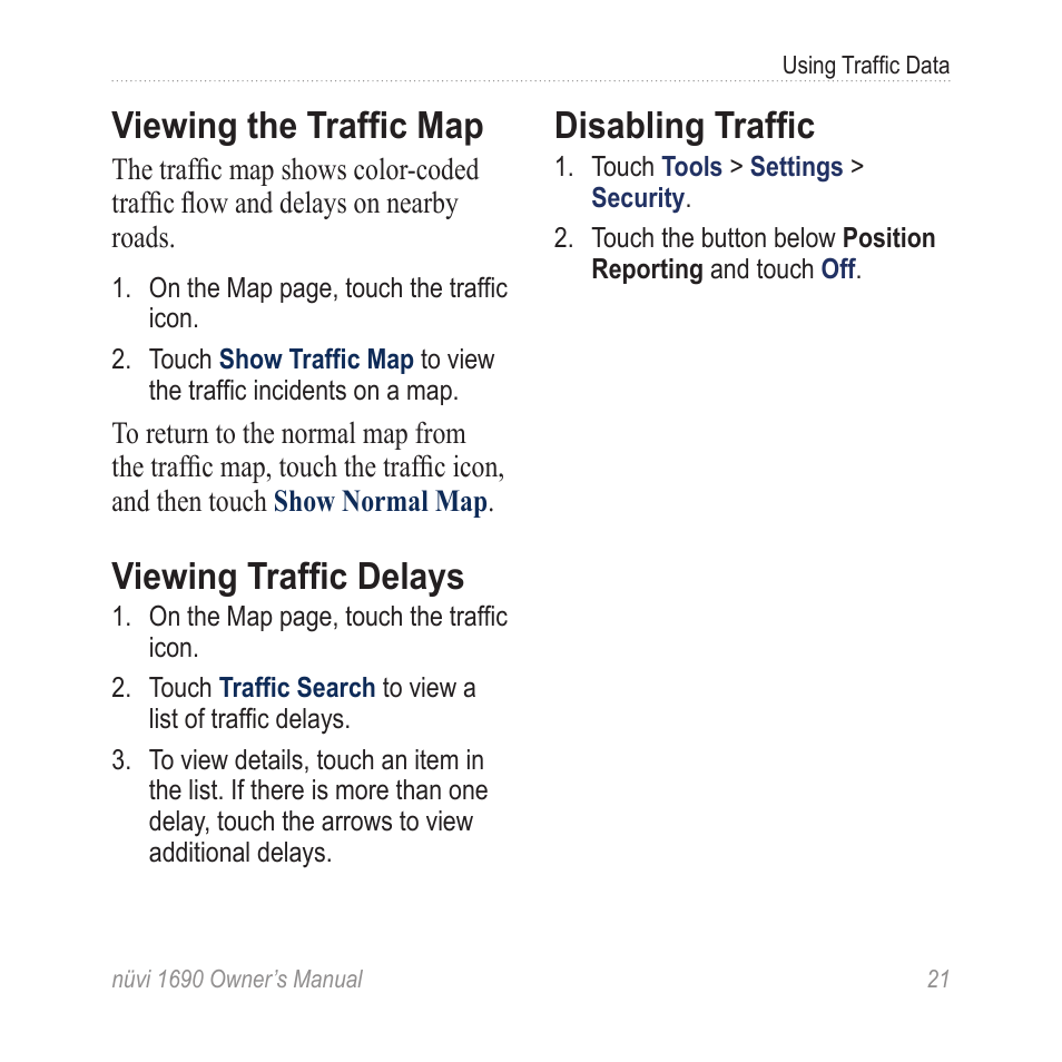 Viewing the traffic map, Viewing traffic delays, Disabling traffic | Garmin nuLink! 1690 User Manual | Page 27 / 76