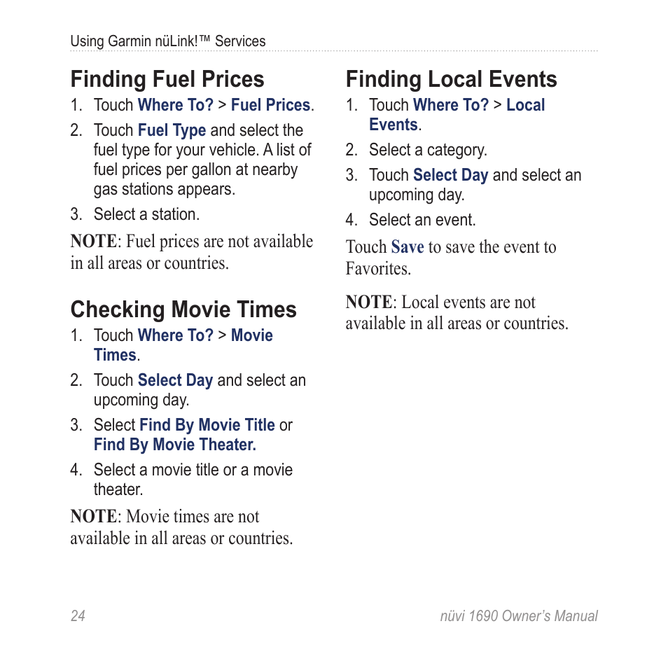 Finding fuel prices, Checking movie times, Finding local events | Garmin nuLink! 1690 User Manual | Page 30 / 76