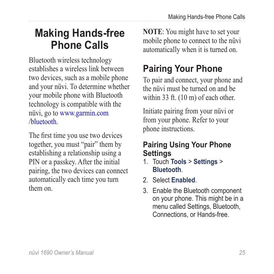 Making hands-free phone calls, Pairing your phone, Making hands-free phone | Calls | Garmin nuLink! 1690 User Manual | Page 31 / 76