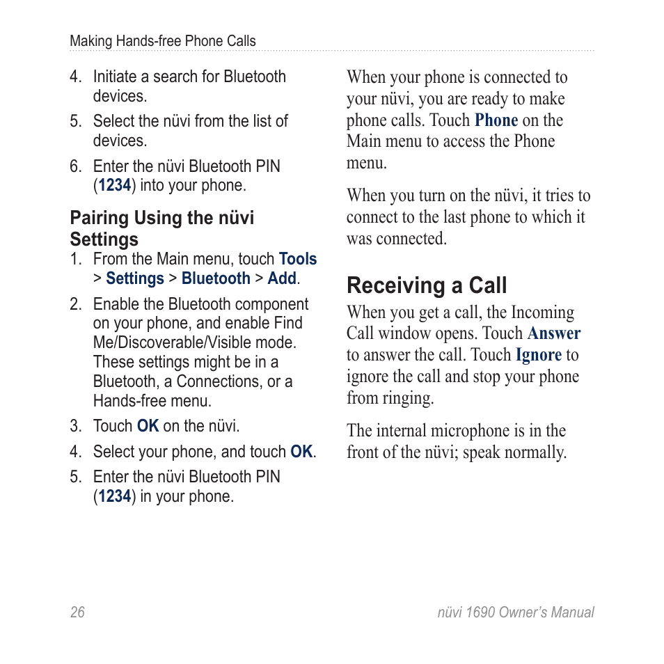 Receiving a call | Garmin nuLink! 1690 User Manual | Page 32 / 76