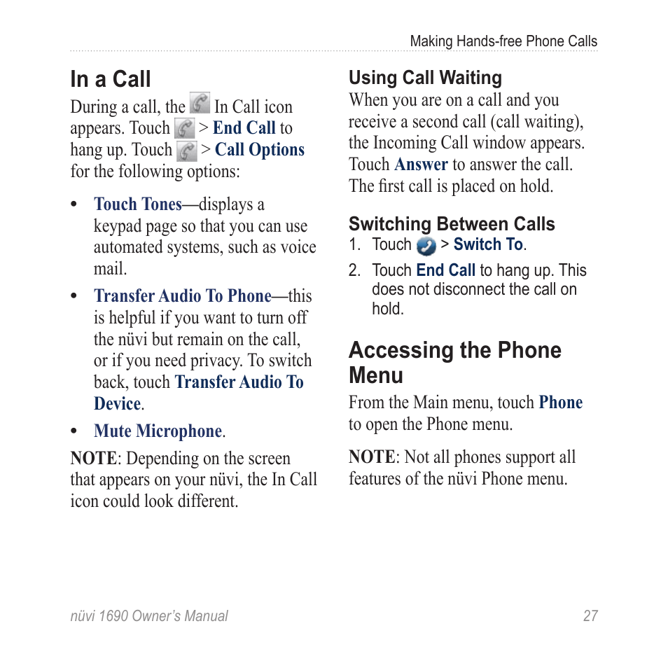 In a call, Accessing the phone menu | Garmin nuLink! 1690 User Manual | Page 33 / 76