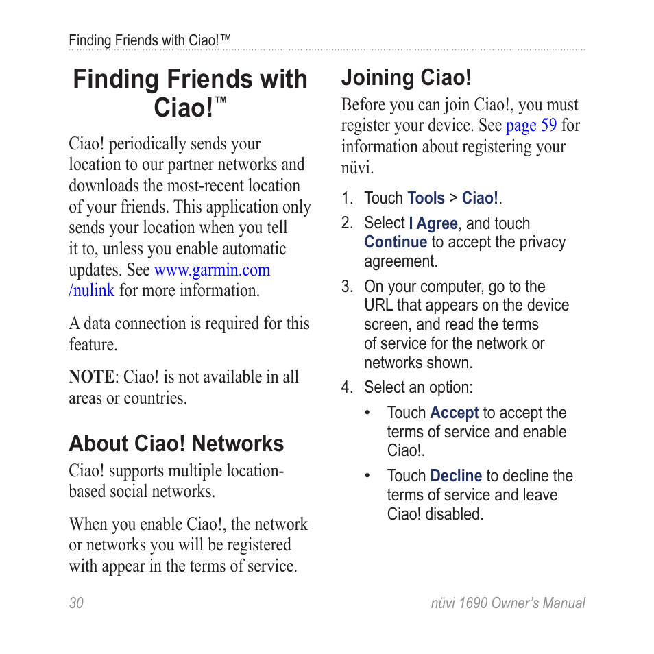 Finding friends with ciao, About ciao! networks, Joining ciao | Finding friends with, Ciao | Garmin nuLink! 1690 User Manual | Page 36 / 76