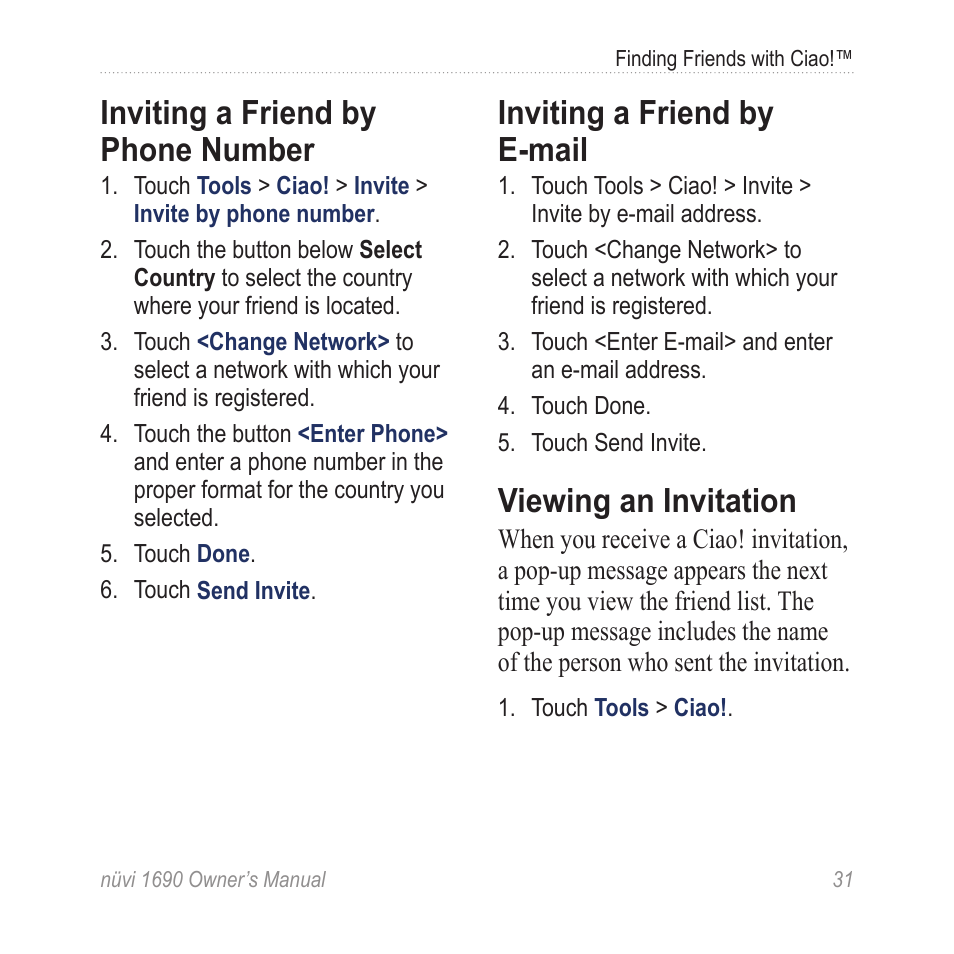 Inviting a friend by phone number, Inviting a friend by e-mail, Viewing an invitation | Inviting a friend by phone, Number | Garmin nuLink! 1690 User Manual | Page 37 / 76