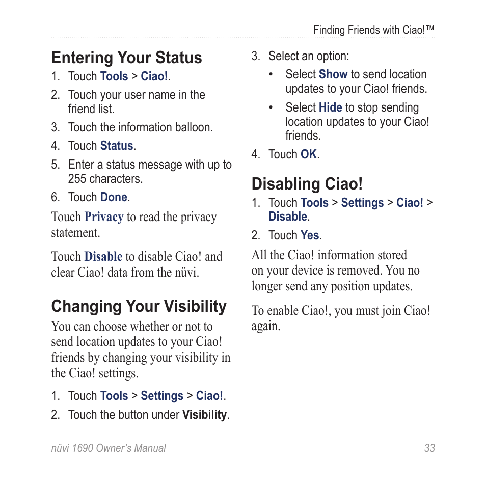 Entering your status, Changing your visibility, Disabling ciao | Garmin nuLink! 1690 User Manual | Page 39 / 76