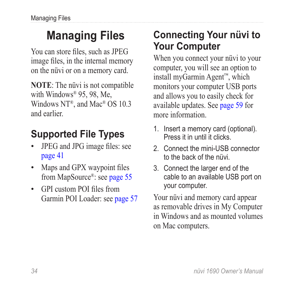 Managing files, Supported file types, Connecting your nüvi to your computer | Connecting your nüvi to your, Computer | Garmin nuLink! 1690 User Manual | Page 40 / 76