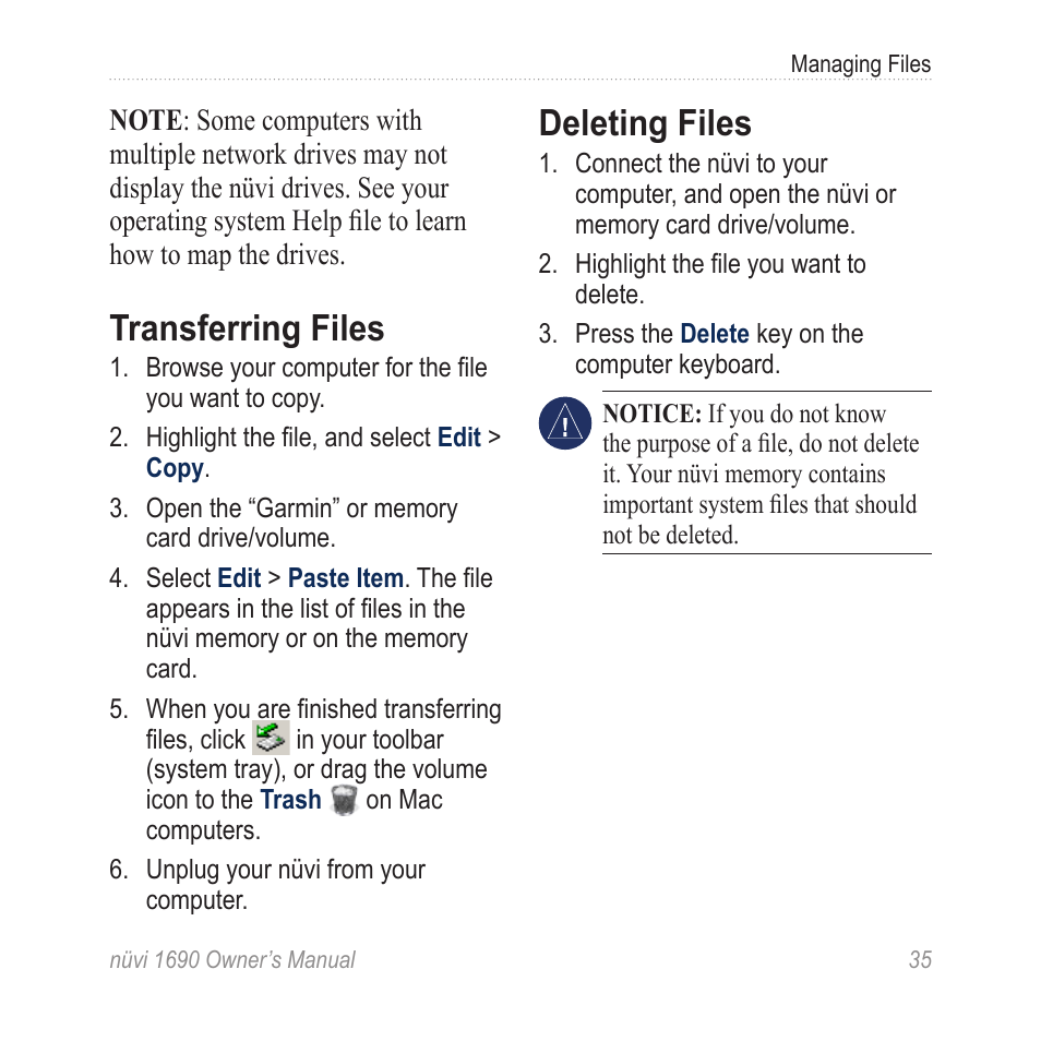 Transferring files, Deleting files | Garmin nuLink! 1690 User Manual | Page 41 / 76