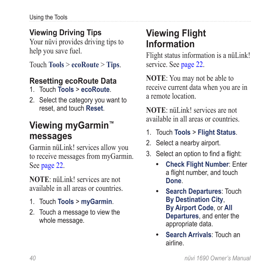 Viewing mygarmin™ messages, Viewing flight information, Viewing mygarmin | Messages | Garmin nuLink! 1690 User Manual | Page 46 / 76