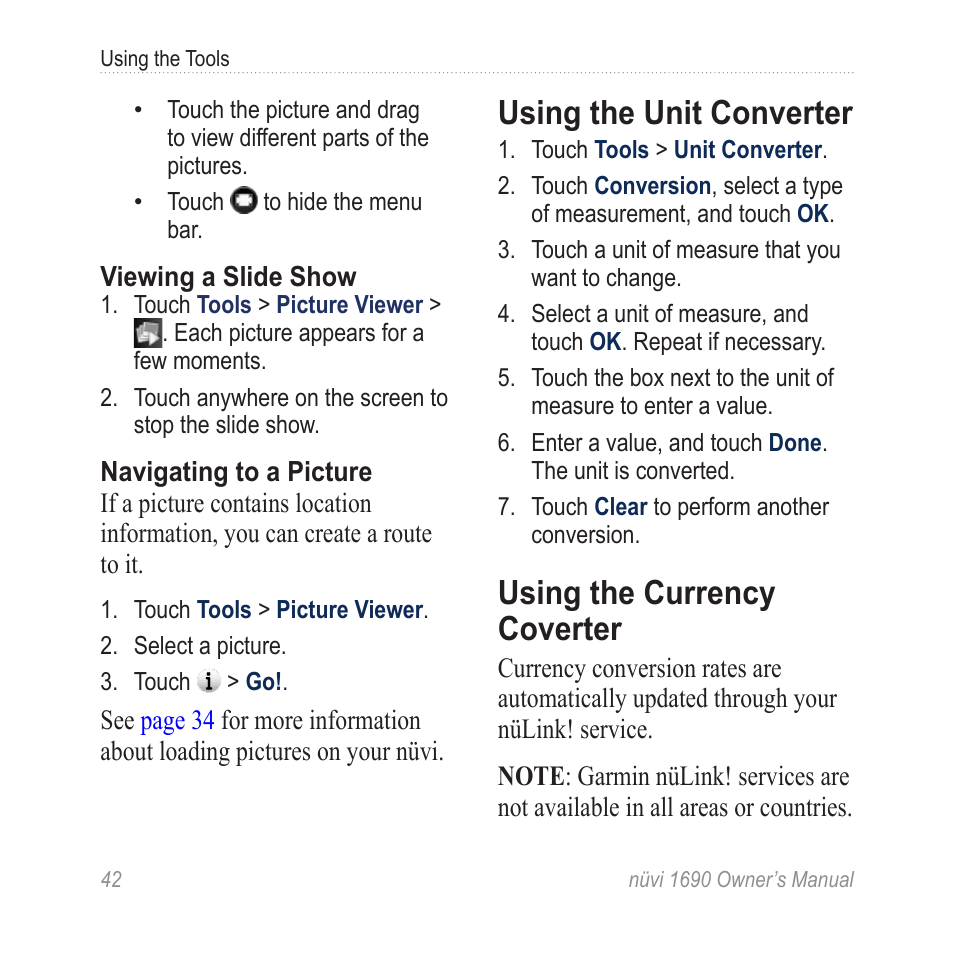 Using the unit converter, Using the currency coverter | Garmin nuLink! 1690 User Manual | Page 48 / 76