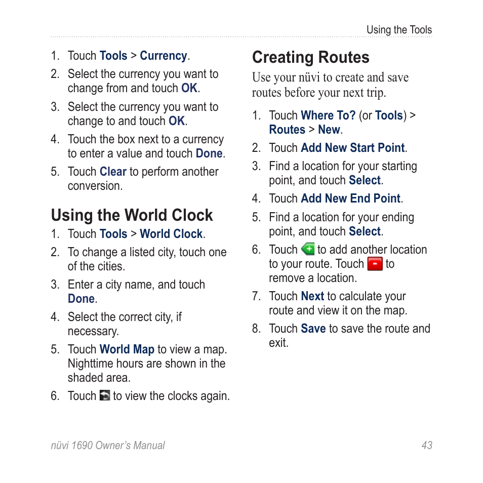 Using the world clock, Creating routes | Garmin nuLink! 1690 User Manual | Page 49 / 76