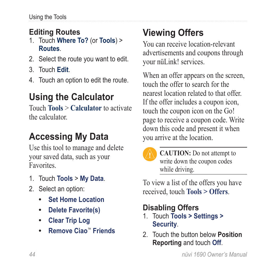 Using the calculator, Accessing my data, Viewing offers | Garmin nuLink! 1690 User Manual | Page 50 / 76