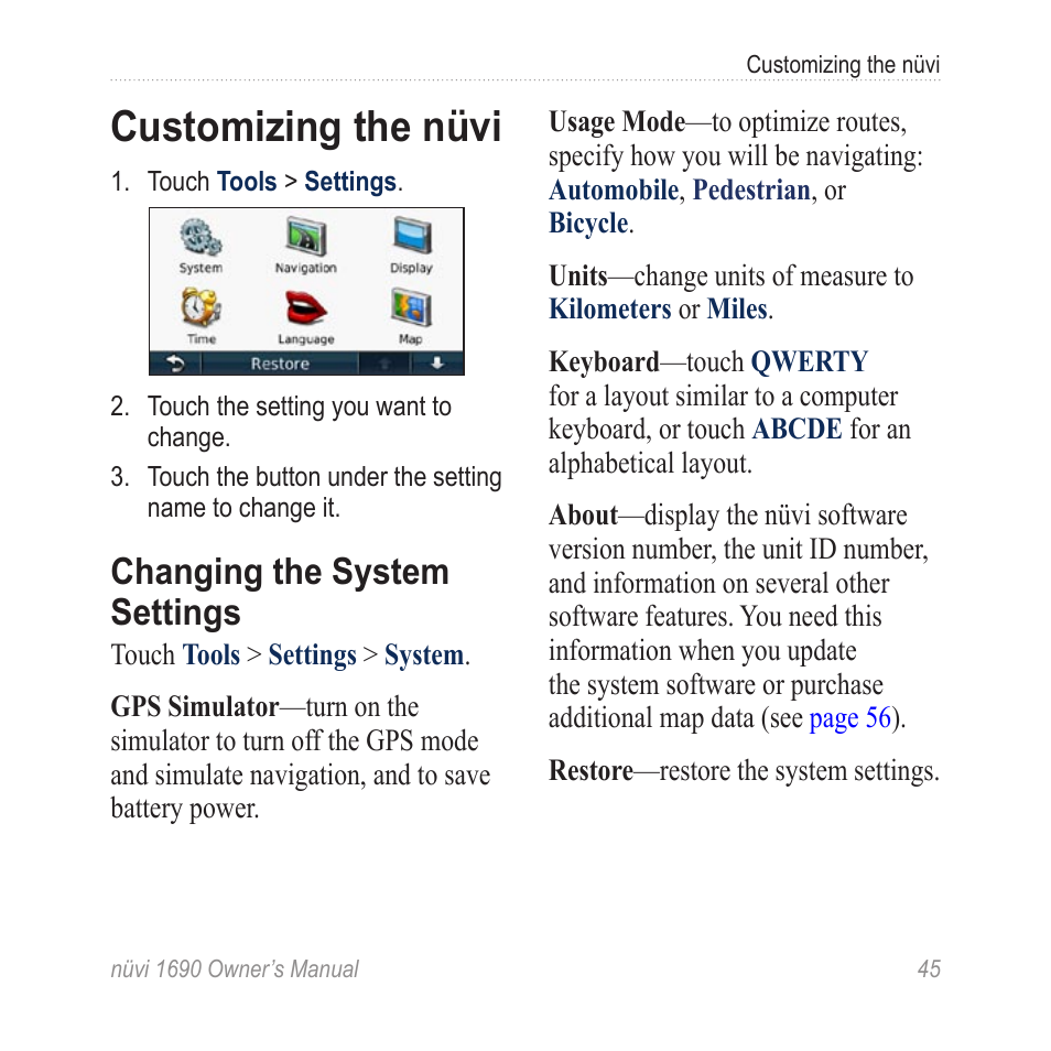 Customizing the nüvi, Changing the system settings, Changing the system | Settings | Garmin nuLink! 1690 User Manual | Page 51 / 76