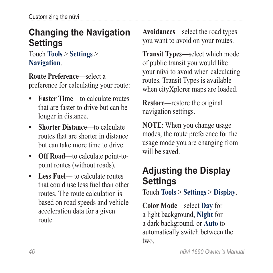 Changing the navigation settings, Adjusting the display settings, Changing the navigation | Settings | Garmin nuLink! 1690 User Manual | Page 52 / 76