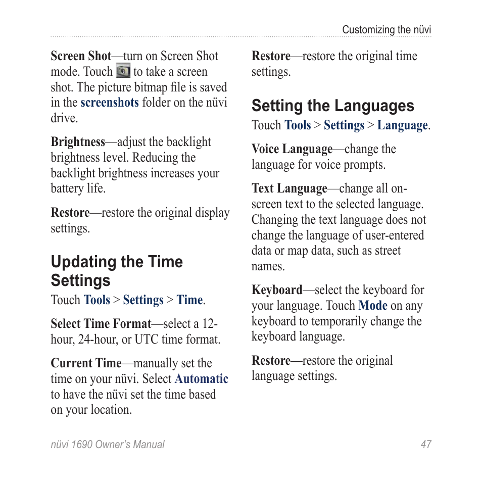 Updating the time settings, Setting the languages | Garmin nuLink! 1690 User Manual | Page 53 / 76