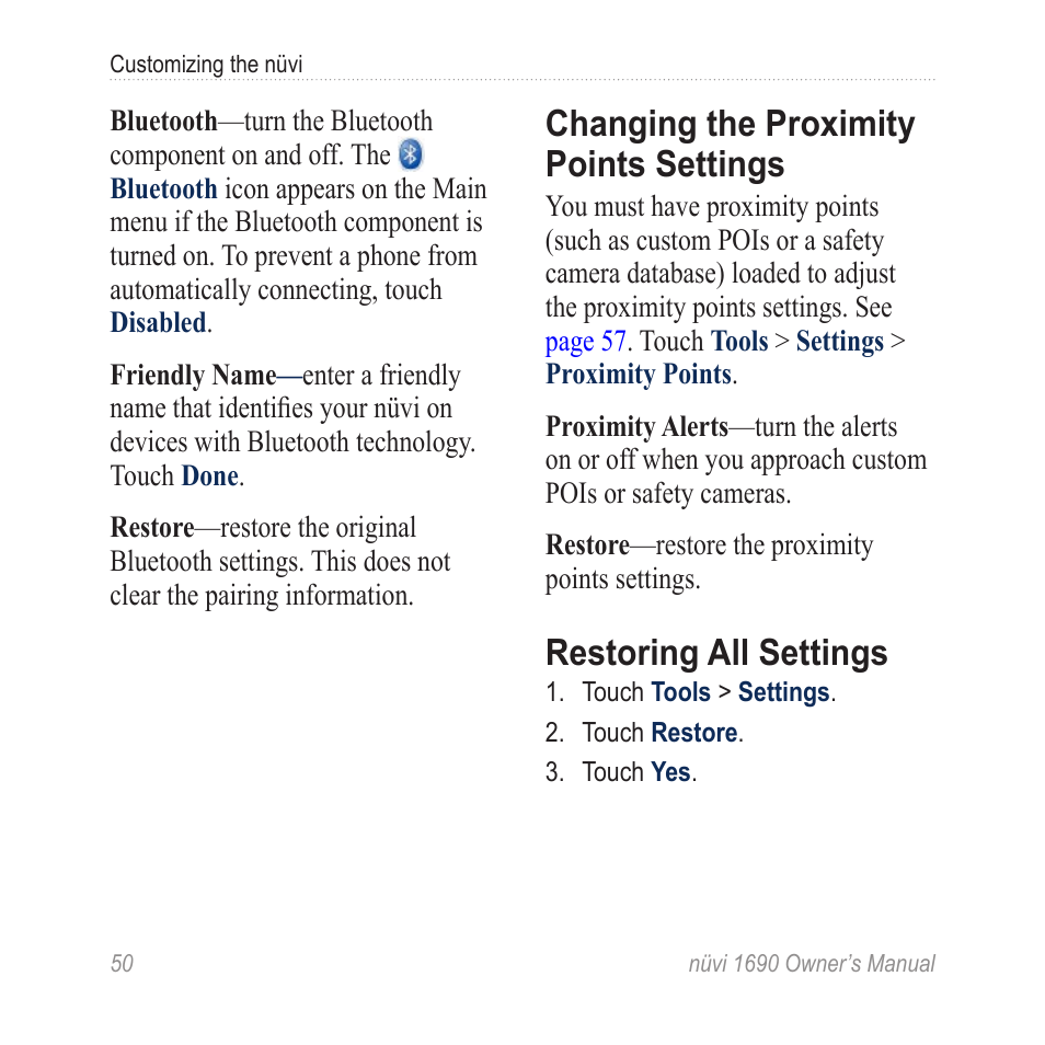 Changing the proximity points settings, Restoring all settings, Changing the proximity points | Settings | Garmin nuLink! 1690 User Manual | Page 56 / 76