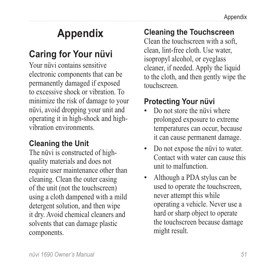 Appendix, Caring for your nüvi | Garmin nuLink! 1690 User Manual | Page 57 / 76