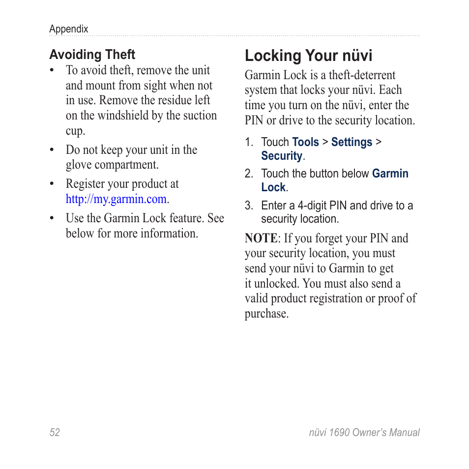 Locking your nüvi, Calibrating the screen | Garmin nuLink! 1690 User Manual | Page 58 / 76