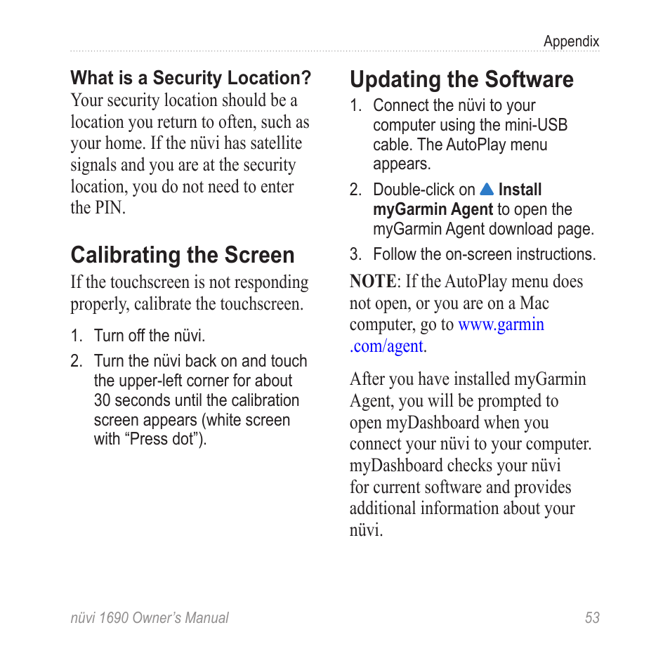 Updating the software, Clearing user data, Battery information | Calibrating the screen | Garmin nuLink! 1690 User Manual | Page 59 / 76