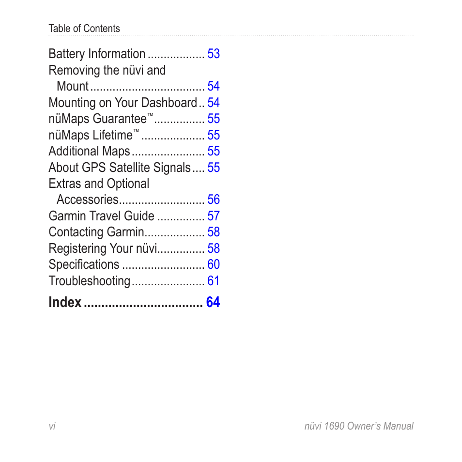 Index | Garmin nuLink! 1690 User Manual | Page 6 / 76