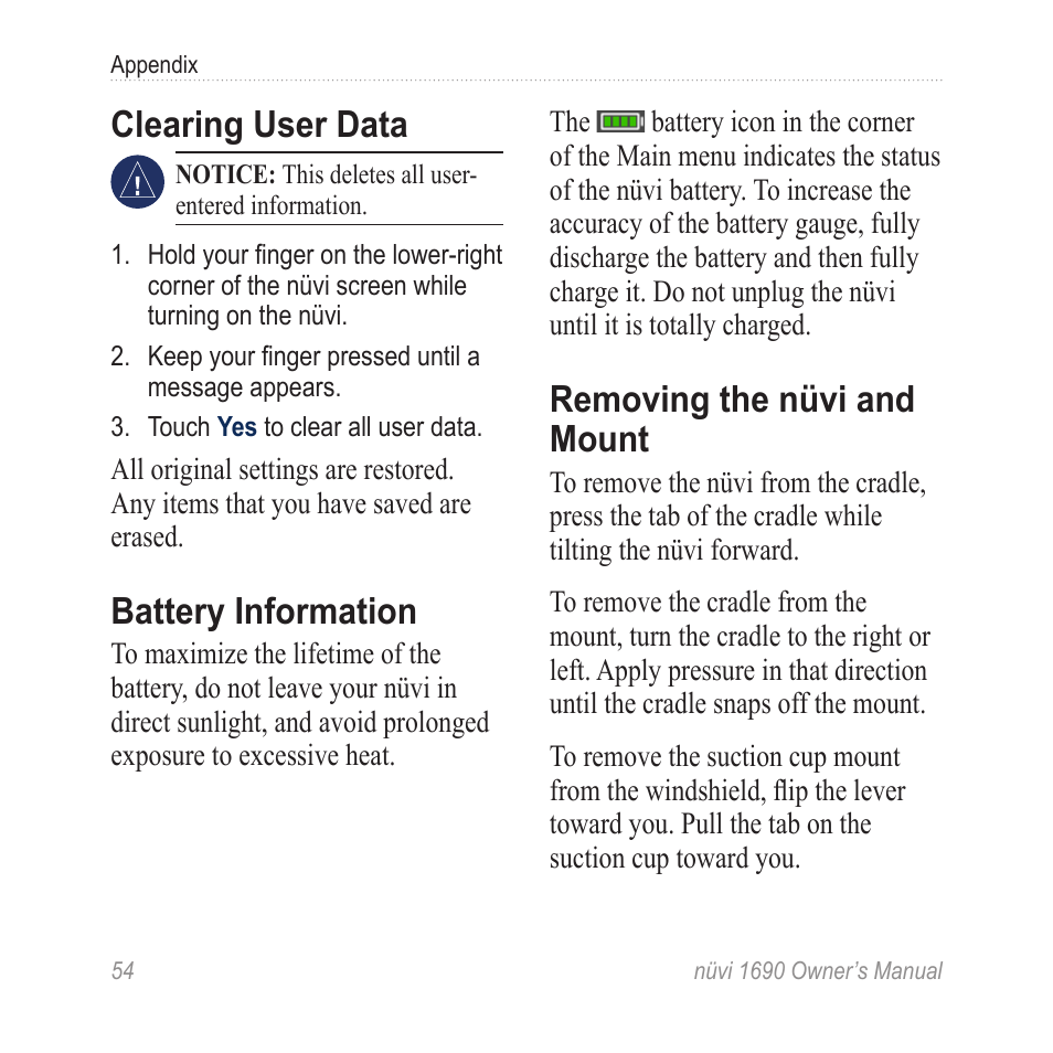 Removing the nüvi and mount, Mounting on your dashboard, Removing the nüvi and | Mount, Clearing user data, Battery information | Garmin nuLink! 1690 User Manual | Page 60 / 76