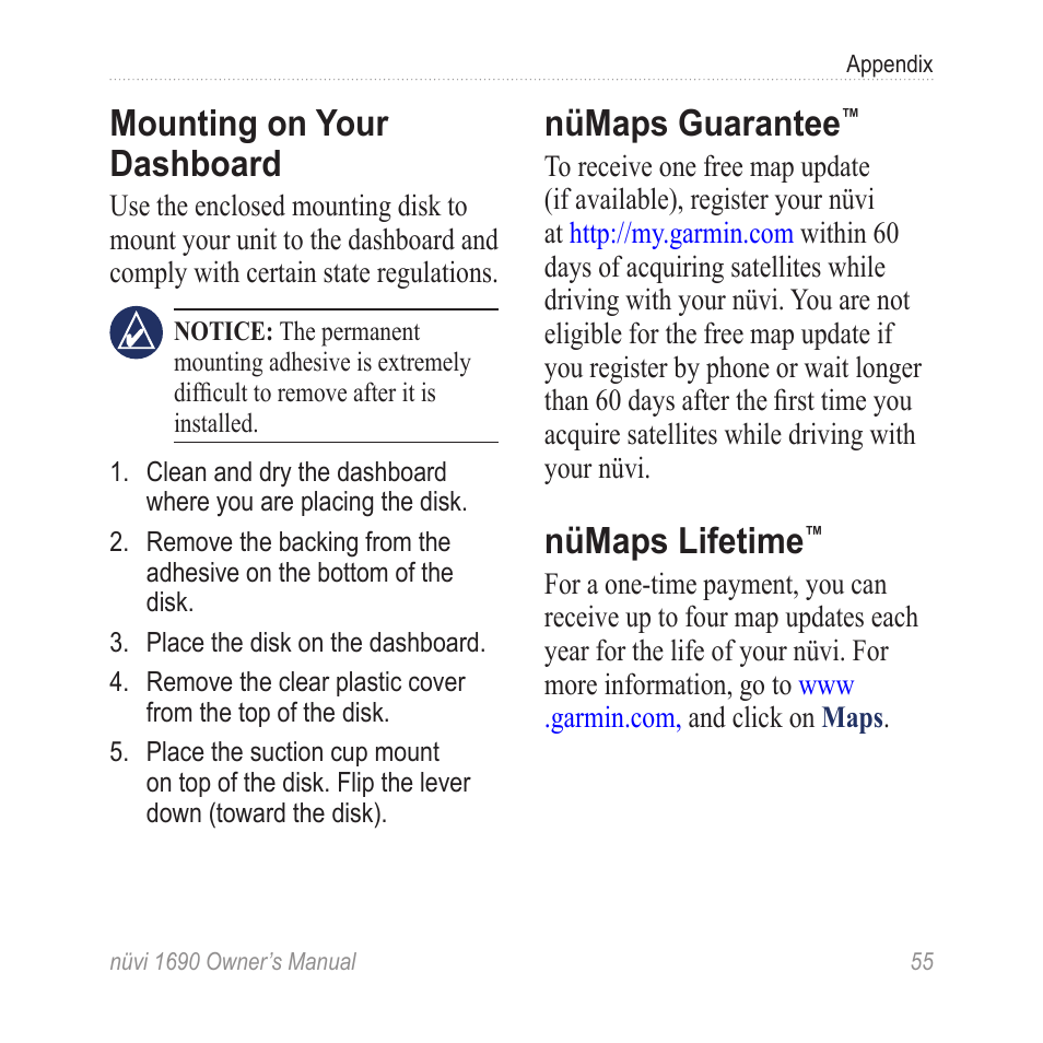 Nümaps guarantee, Nümaps lifetime, Additional maps | About gps satellite signals, Mounting on your dashboard | Garmin nuLink! 1690 User Manual | Page 61 / 76