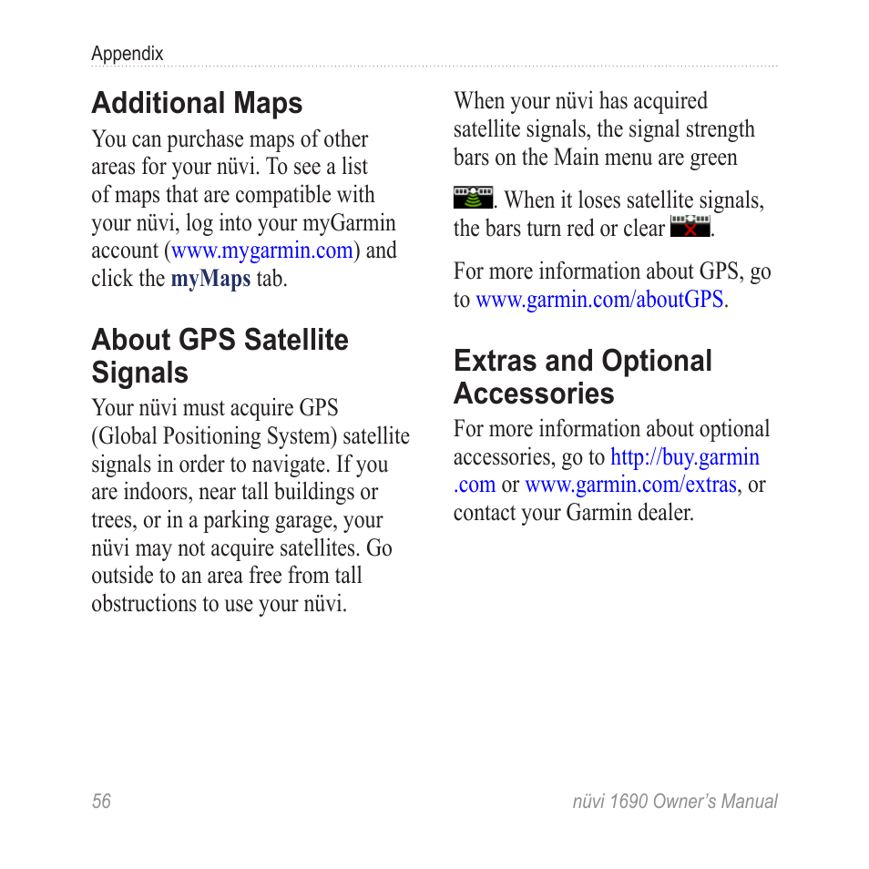 Extras and optional accessories, Extras and optional, Accessories | Additional maps, About gps satellite signals | Garmin nuLink! 1690 User Manual | Page 62 / 76