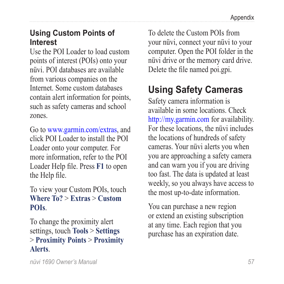 Garmin travel guide, Poi loader: see, Using safety cameras | Garmin nuLink! 1690 User Manual | Page 63 / 76