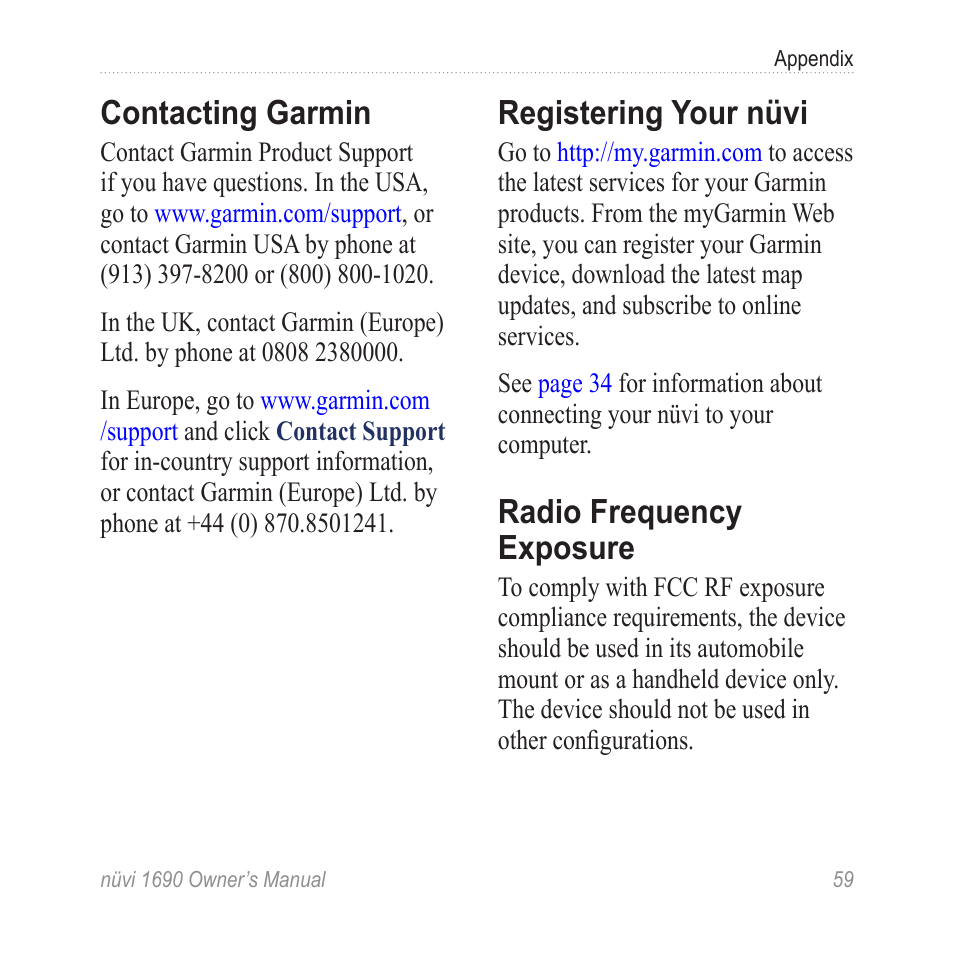 Contacting garmin, Registering your nüvi, Radio frequency exposure | Garmin nuLink! 1690 User Manual | Page 65 / 76