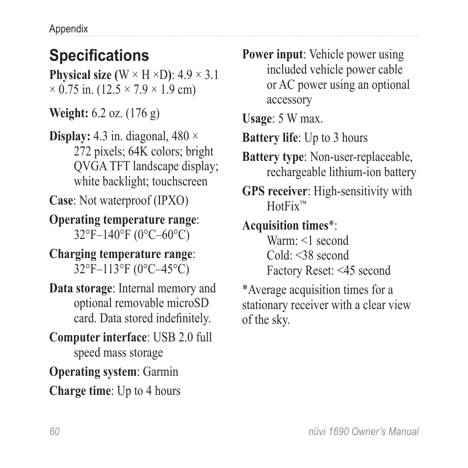 Specifications | Garmin nuLink! 1690 User Manual | Page 66 / 76