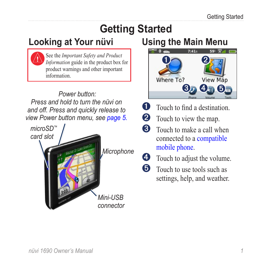 Getting started, Looking at your nüvi, Using the main menu | Garmin nuLink! 1690 User Manual | Page 7 / 76