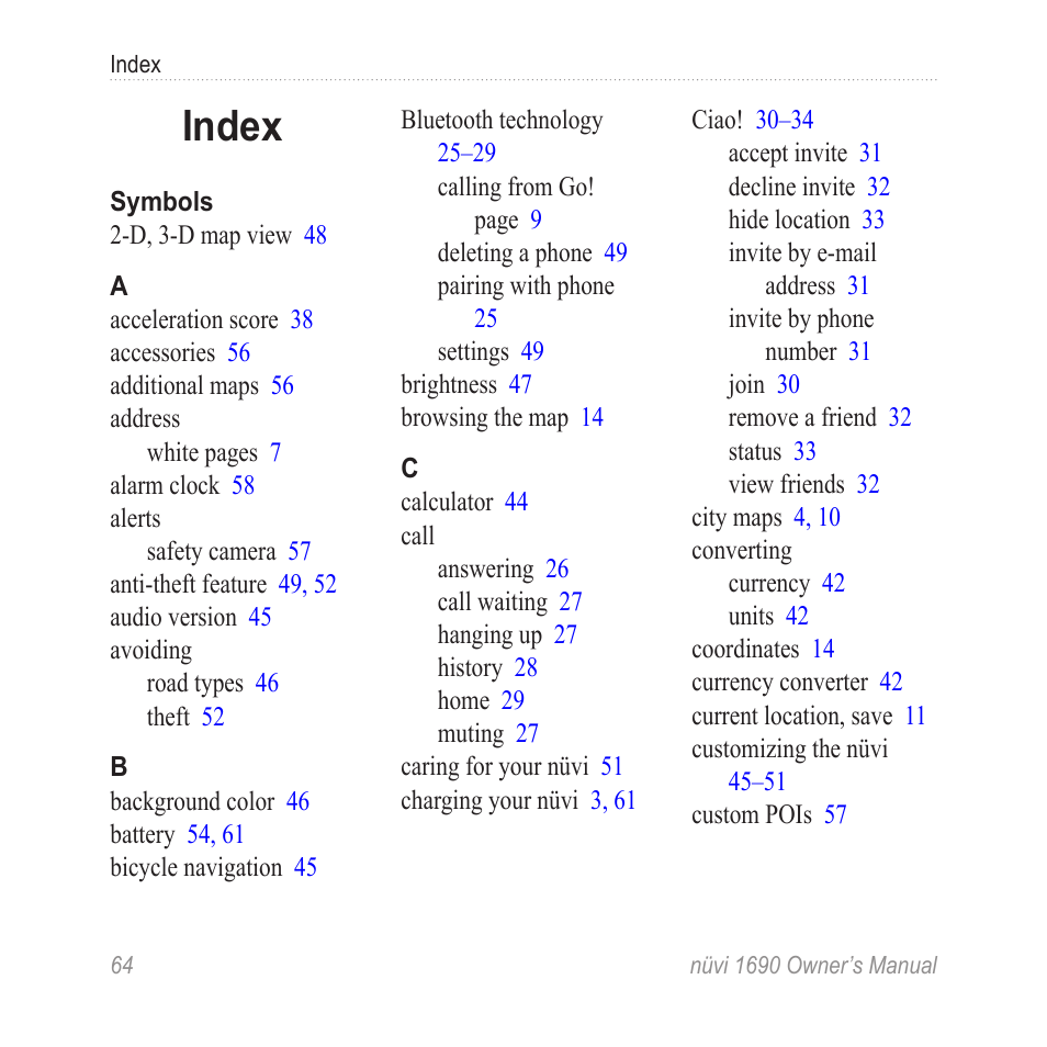 Index | Garmin nuLink! 1690 User Manual | Page 70 / 76