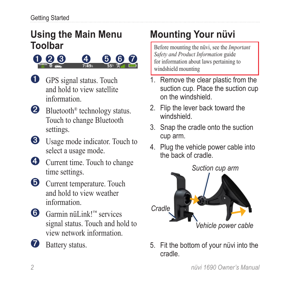 Using the main menu toolbar, Mounting your nüvi | Garmin nuLink! 1690 User Manual | Page 8 / 76