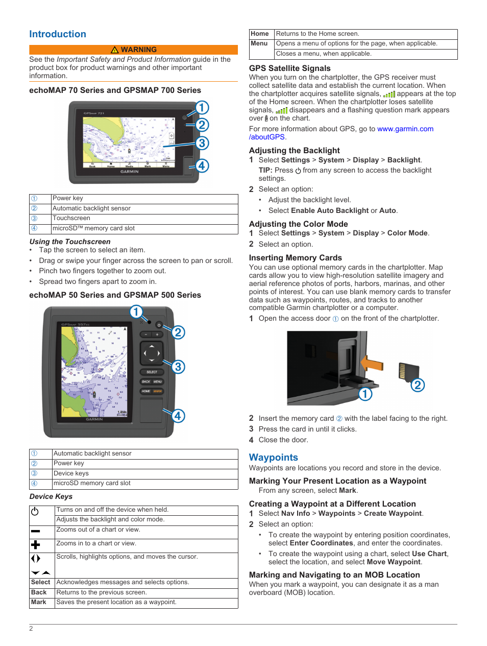 Introduction, Echomap 70 series and gpsmap 700 series, Using the touchscreen | Echomap 50 series and gpsmap 500 series, Device keys, Gps satellite signals, Adjusting the backlight, Adjusting the color mode, Inserting memory cards, Waypoints | Garmin GPSMAP 751xs User Manual | Page 2 / 4