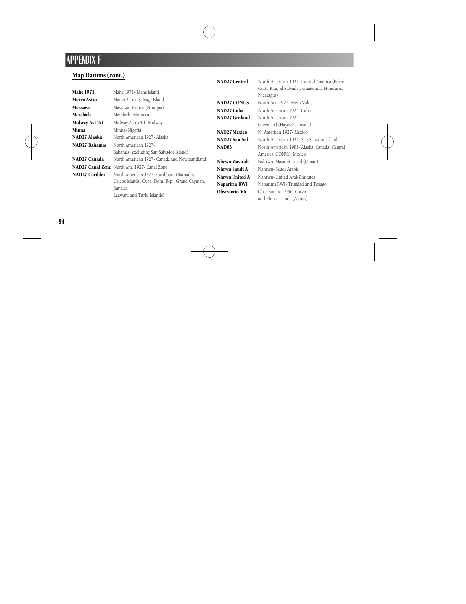 Appendix f, Map datums (cont.) | Garmin GPS II User Manual | Page 100 / 108