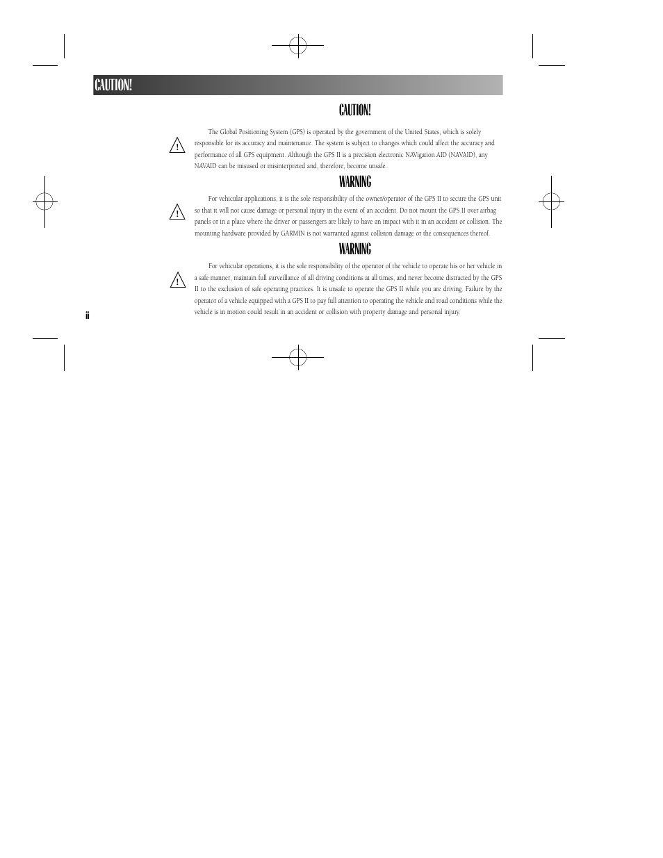 Caution, Warning | Garmin GPS II User Manual | Page 4 / 108