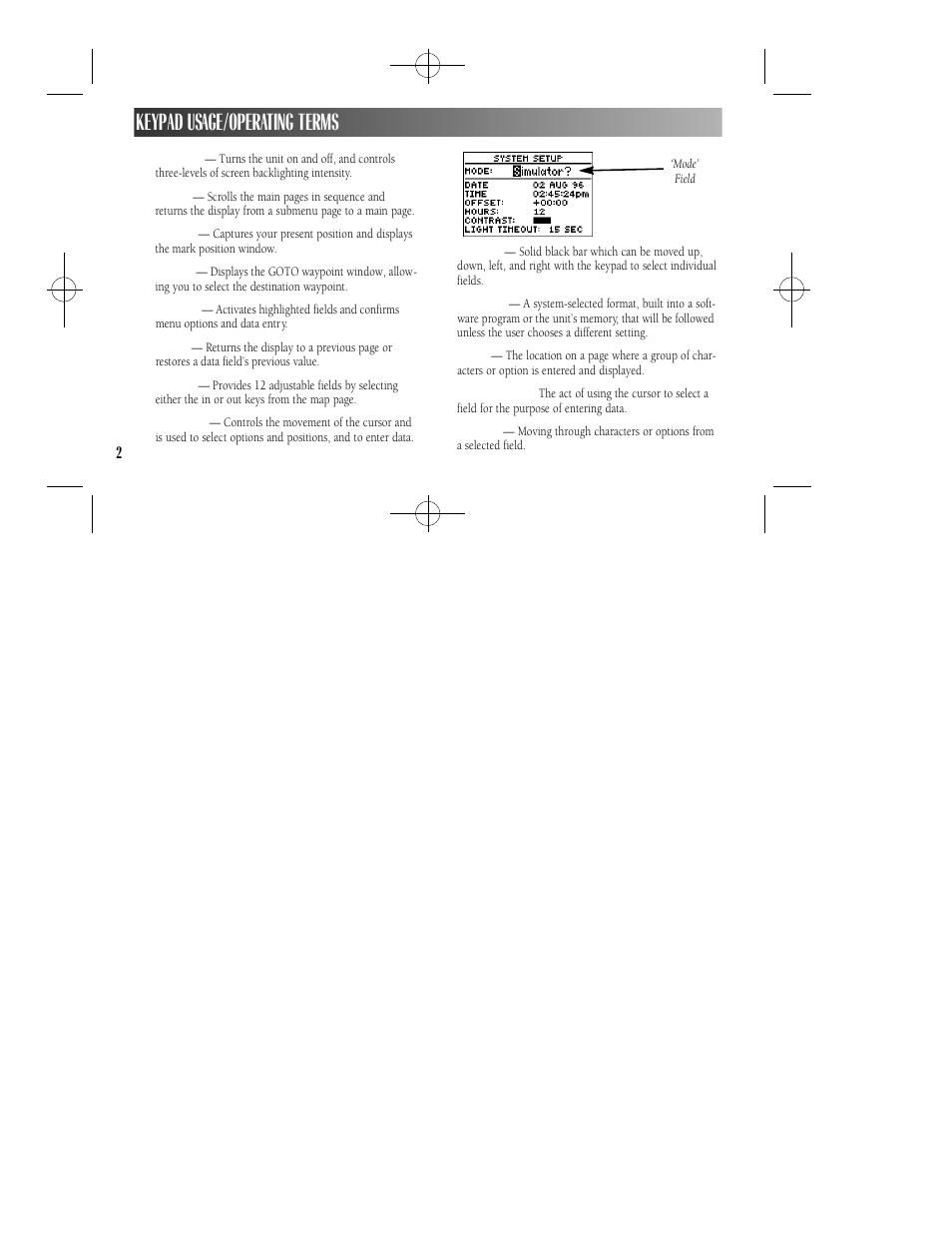 Keypad usage/operating terms | Garmin GPS II User Manual | Page 8 / 108