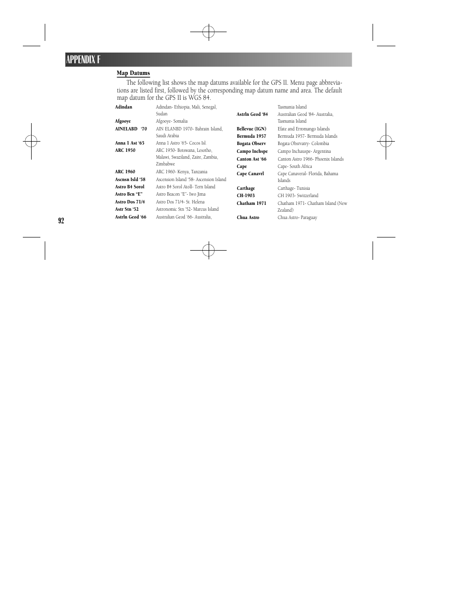 Appendix f | Garmin GPS II User Manual | Page 98 / 108