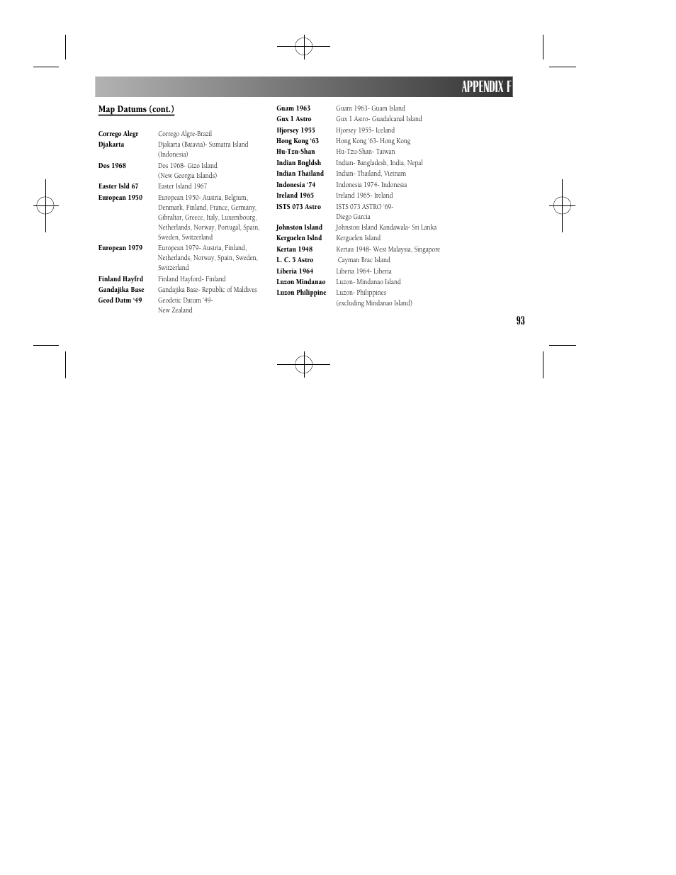 Appendix f, Map datums (cont.) | Garmin GPS II User Manual | Page 99 / 108